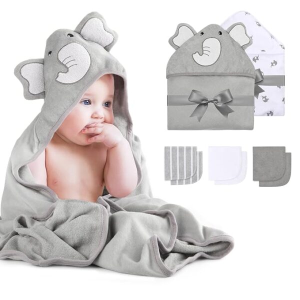 Momcozy Cute Elephant Hooded Baby Towel- 8 Piece Bath Essential, 2 x Towels and 6 x Wash Cloth Set