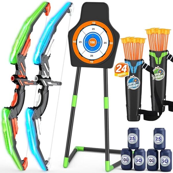 2 Pack Bow and Arrow for Kids, LED Light Up Archery Set with 24 Suction Cup Arrows, 1 Standing Target