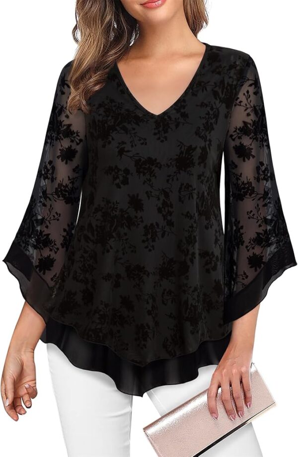 Lotusmile Womens Dressy Blouse Double Layers Mesh Shirt Ruffle